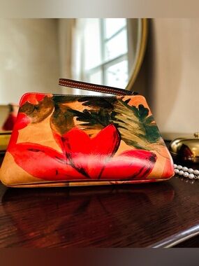 Patricia Nash Red Floral Wristlet Clutch with Green Accents